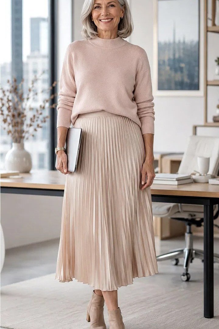 Blush sweater with beige pleated midi skirt holding a laptop