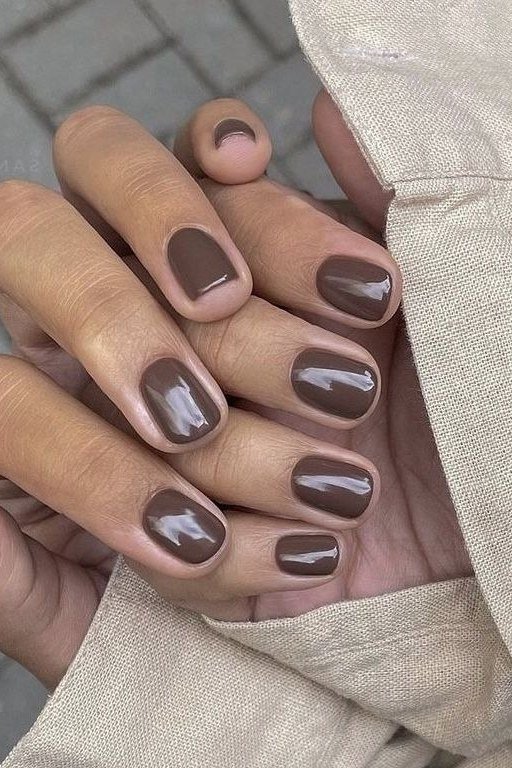 Dark chocolate short squoval glossy, elegant fall nail design for women over 40