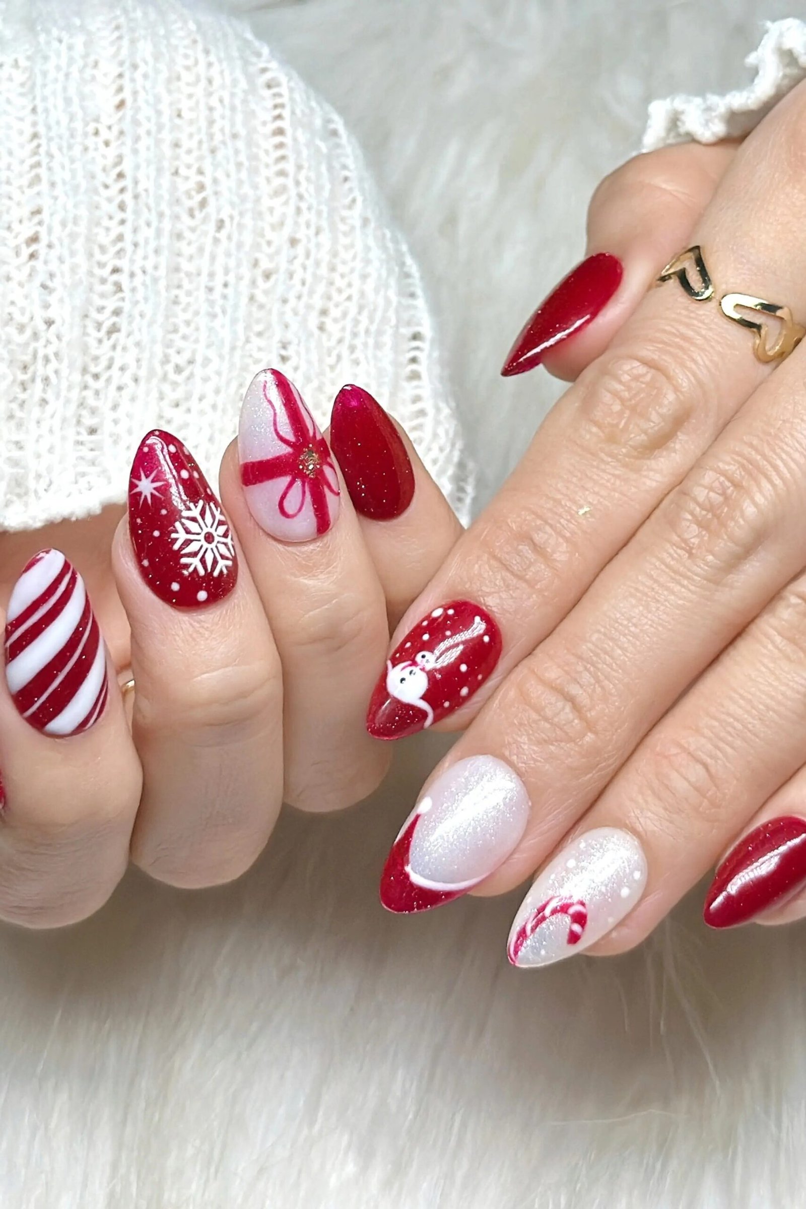 red and white mixed christmas nail set with cozy sweater