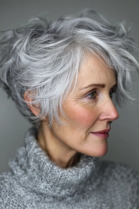 Fluffy white pixie haircut for women over 70
