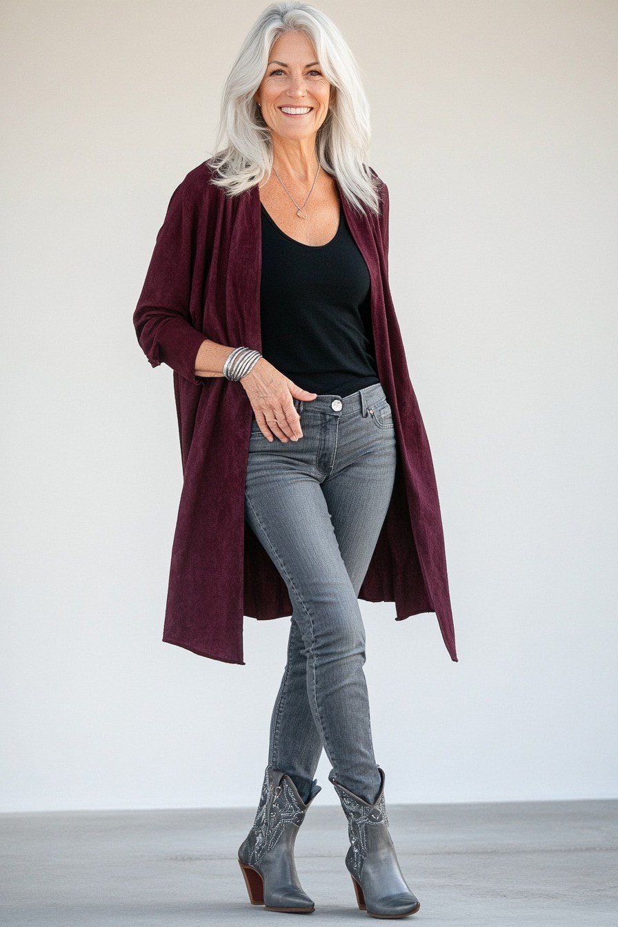Burgundy Long Cardigan With Grey Jeans - flattering outfit idea for women over 50, how to dress better over 50