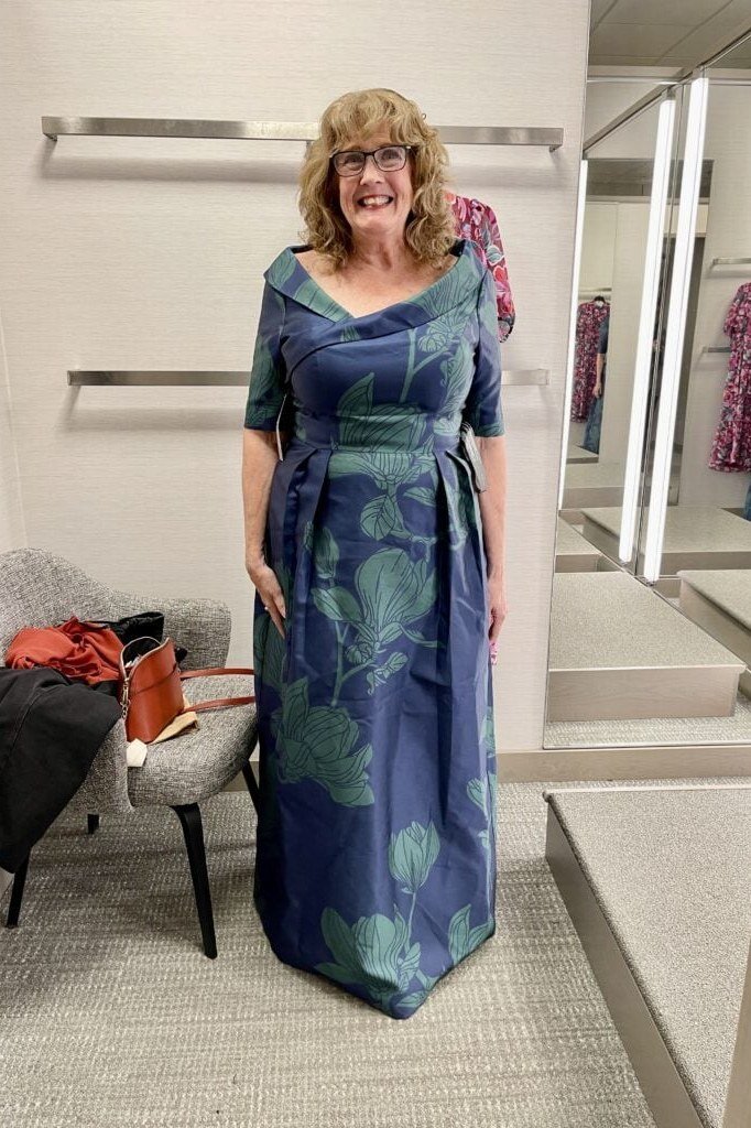 blue floral one-shoulder evening gown, fitting room,, elegant wedding guest dress for women over 60