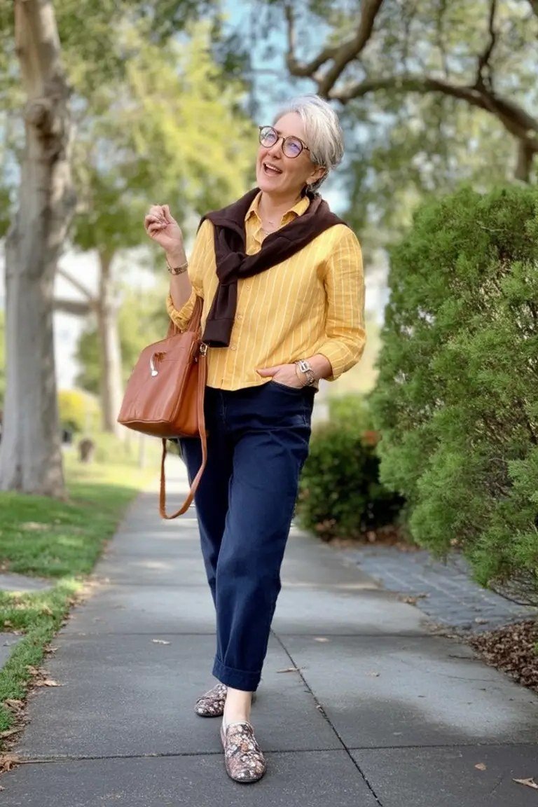 Mustard Knit Sweater With Navy Trousers and a Dark Scarf, smart casual outfit for women over 50