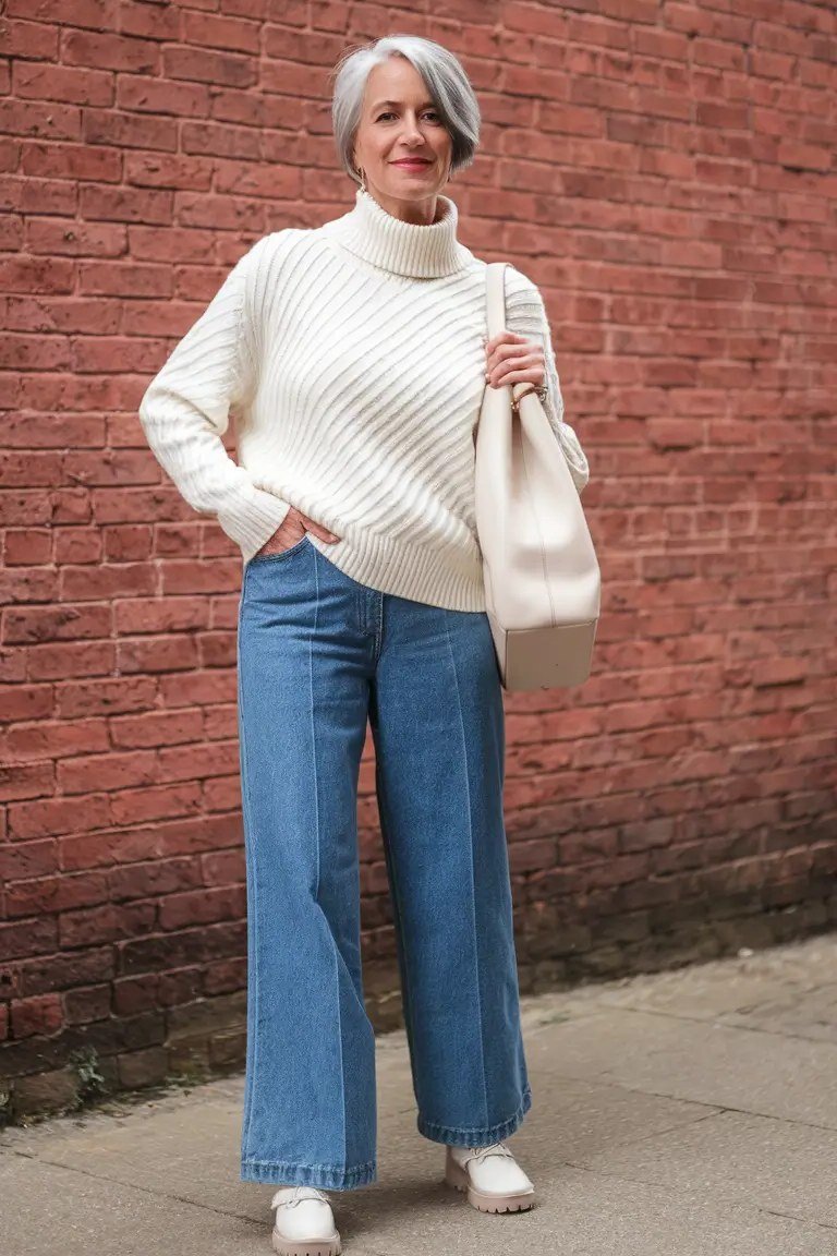 white turtleneck and wide-leg jeans fall outfit for women over 60