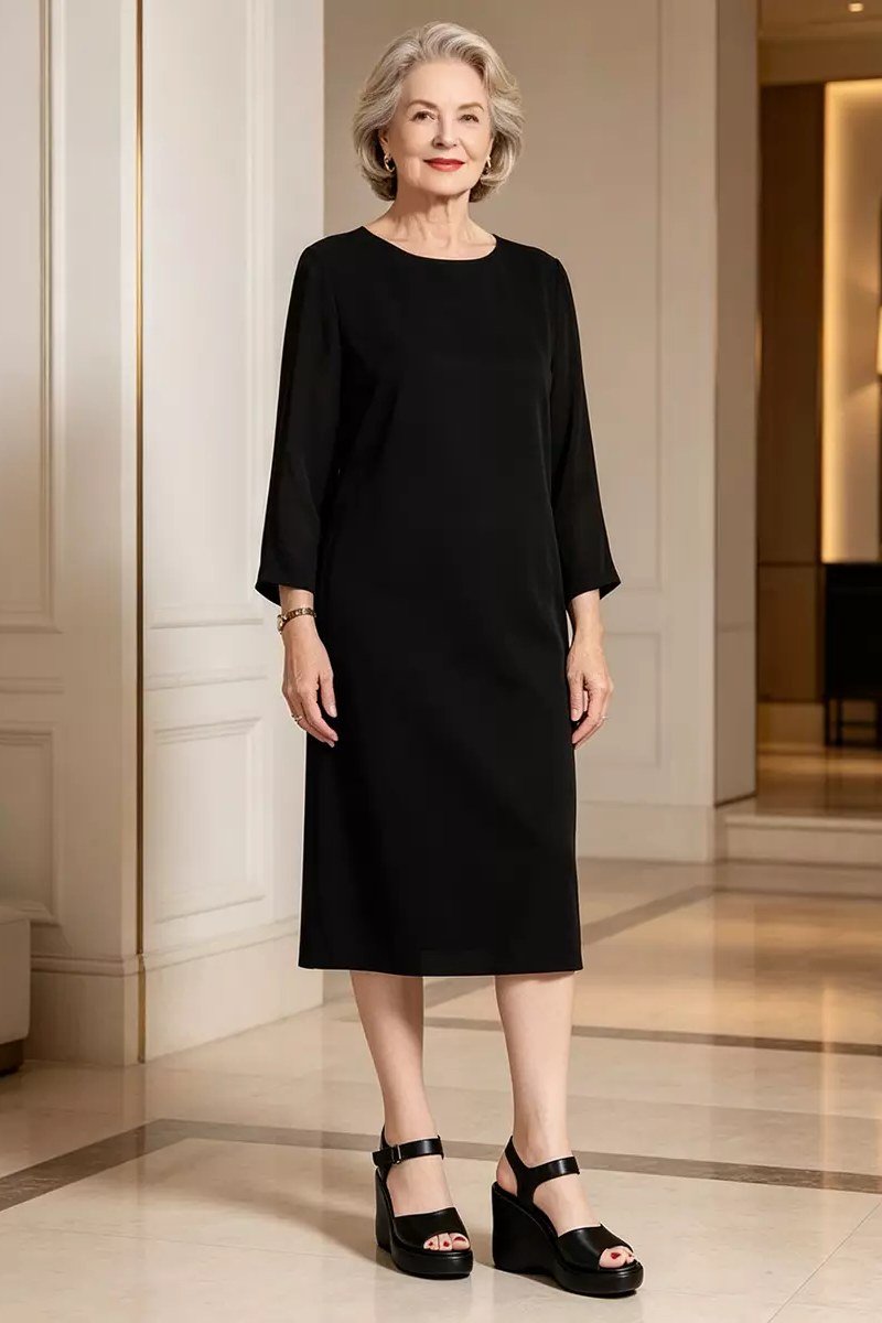 Black three-quarter-sleeve sheath dress for women over 50