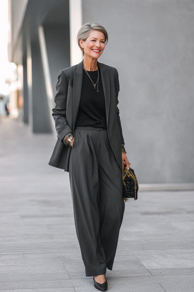 Older woman in charcoal blazer black top and gray wide leg trousers