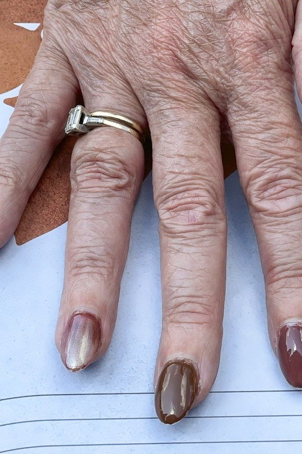 Taupe Ombre on Older Hands - fall nail color idea for women over 60