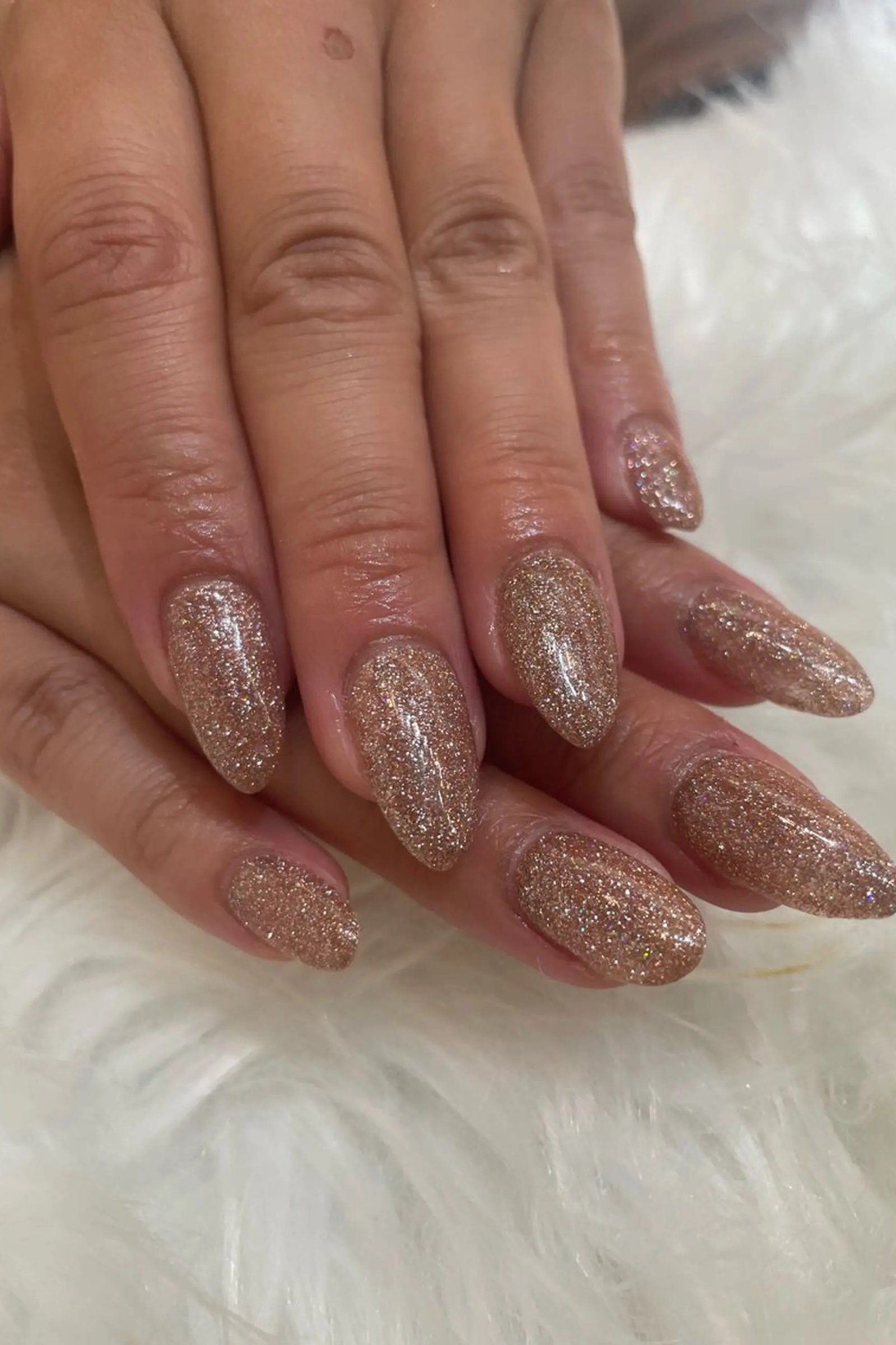 Bronze Gold Glitter Almond Nails - bronze gold glitter almond, glitter winter nail design for women over 60