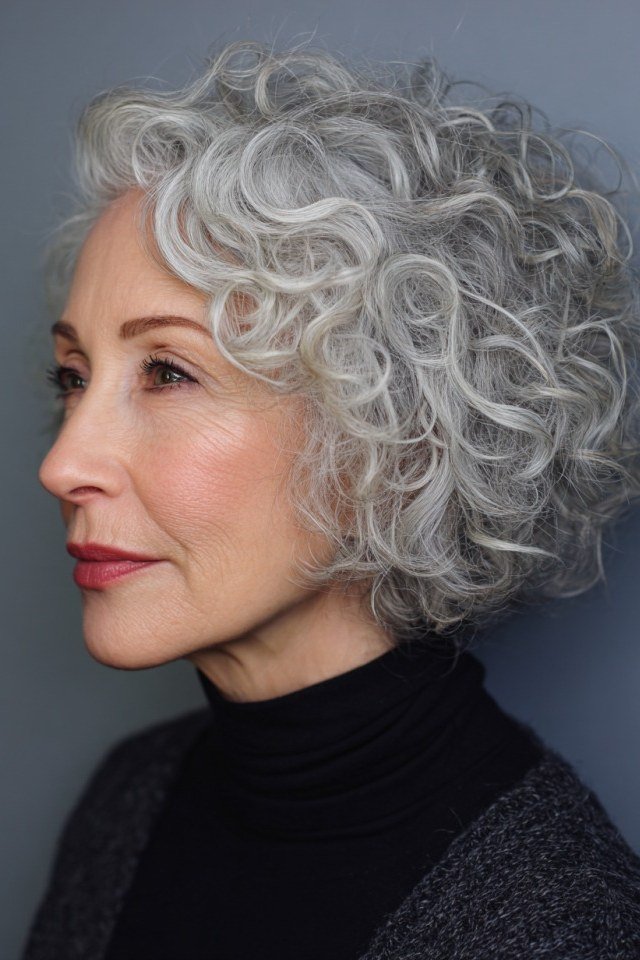 White wavy curly bixie haircut side view for women over 60