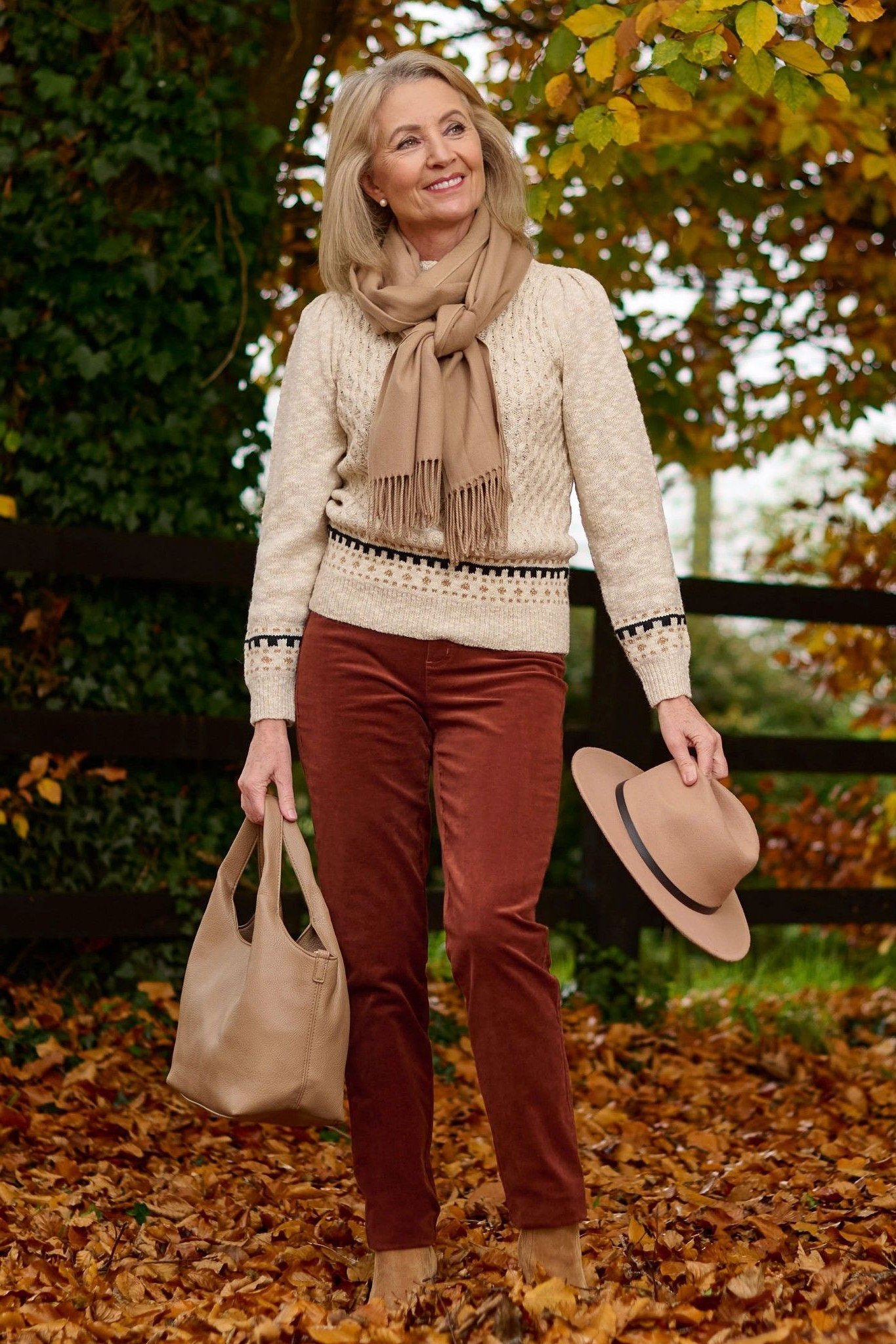 Fair isle sweater rust corduroys cream fair isle sweater rust corduroys scarf hat 50s - fall outfit idea for women over 40