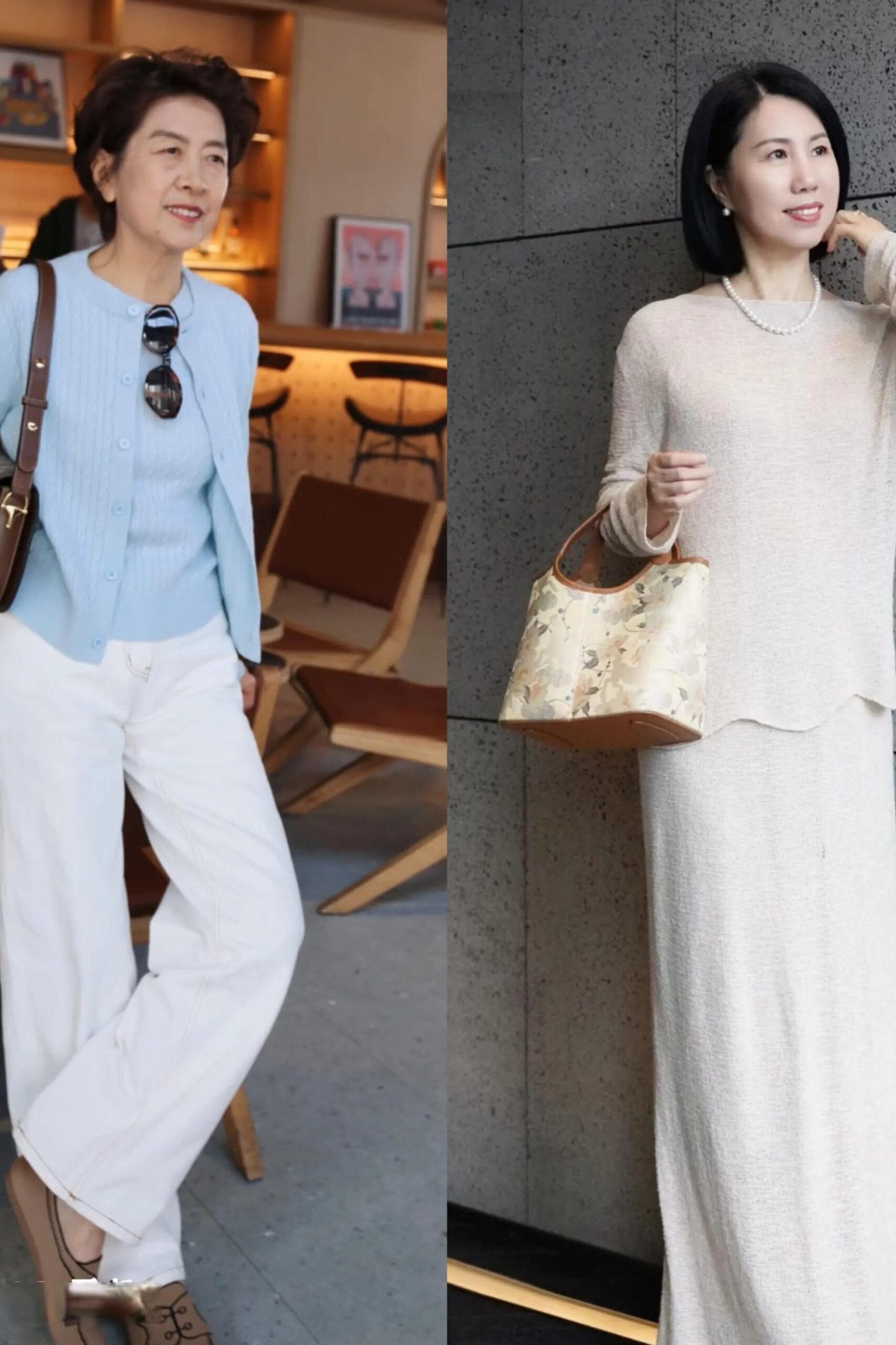 White Knit Set with Blue Shirt and White Wide Pants - chic casual outfit for women over 50
