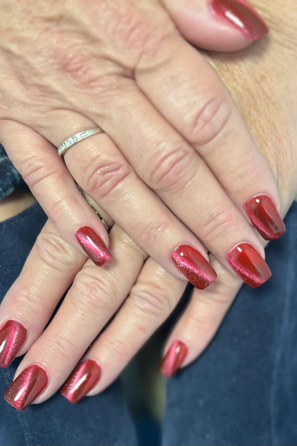 Red Shimmer Square Nails - winter nail trend for older women over 70