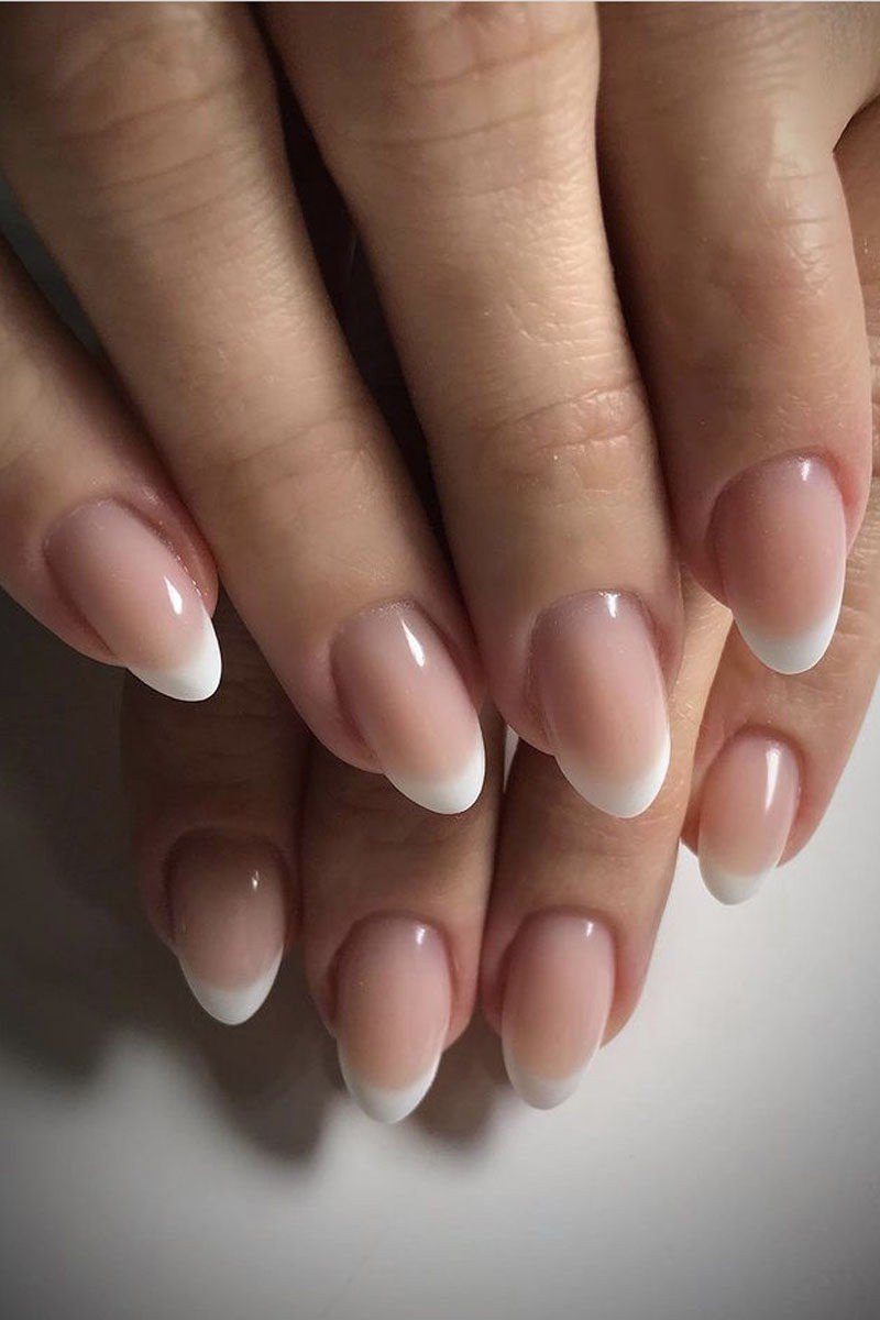 pink white baby boomer fade on short square nails