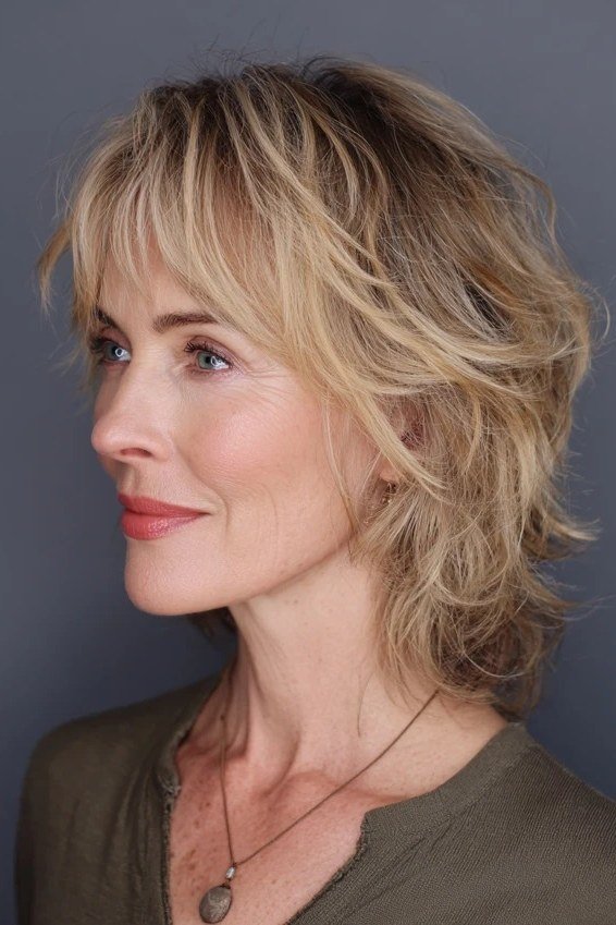 Soft Honey Blonde Shag - medium shag haircut for women over 40