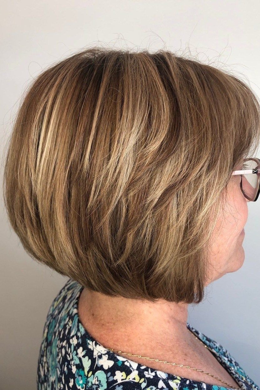 Warm Brown Layered Bob with Movement, medium hairstyle for women over 70
