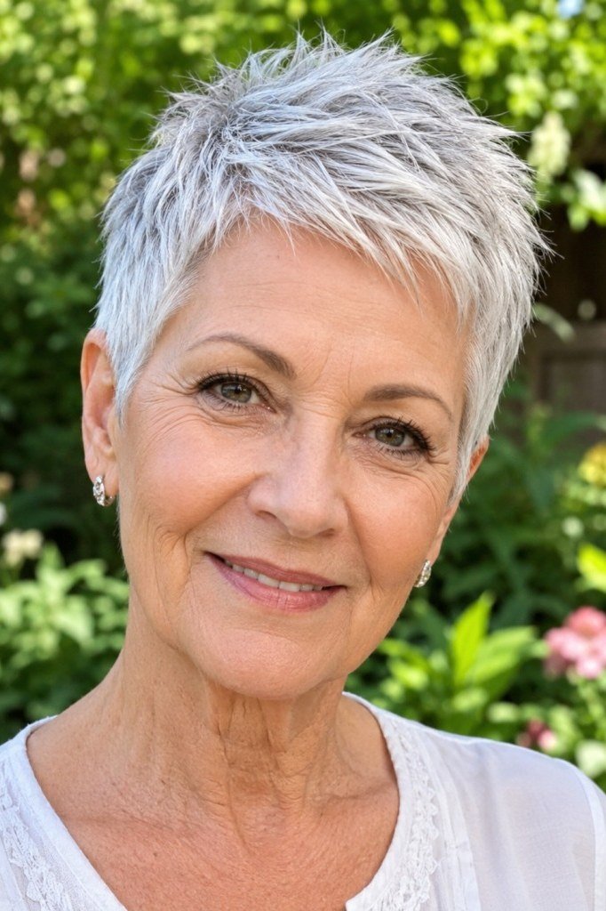 Silver pixie haircut with soft bangs for women over 60 in garden