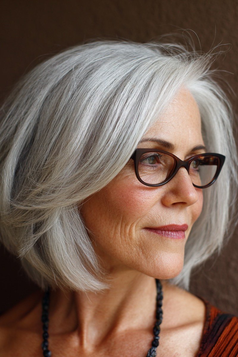 silver bob with glasses, front view — chin-length layered bob hairstyle for women over 50