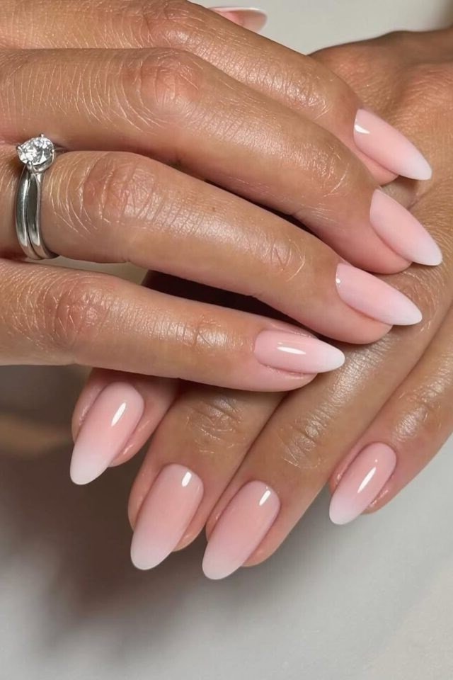 pink french tip almond nails glossy