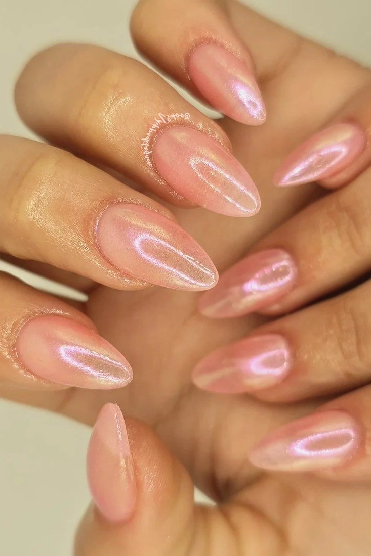 Almond sheer pink glossy glaze manicure