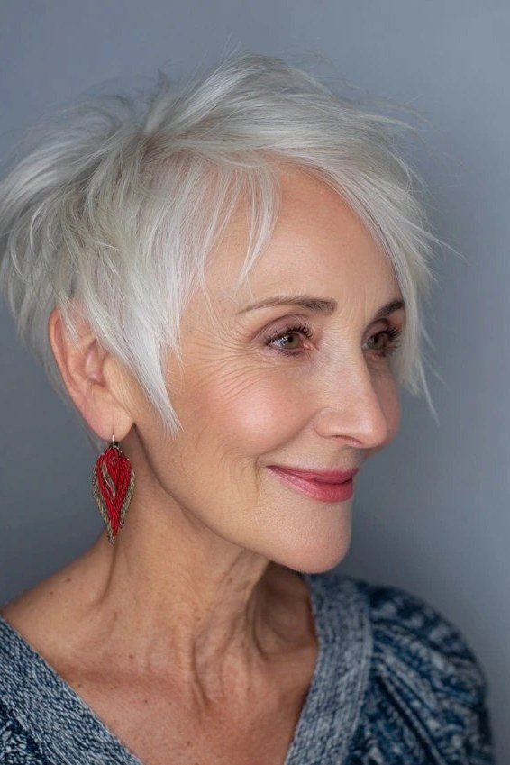 Soft Layered White Pixie hairstyle for women over 60