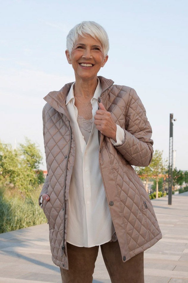 Tan diamond-quilt field jacket outfit for women over 60