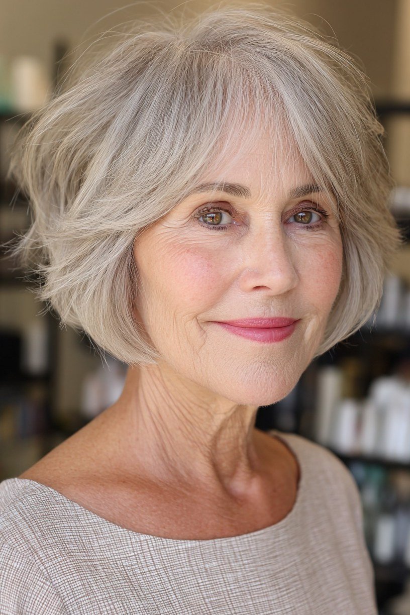 Layered silver bob with volume on an older woman, front view, medium hairstyle for women over 60