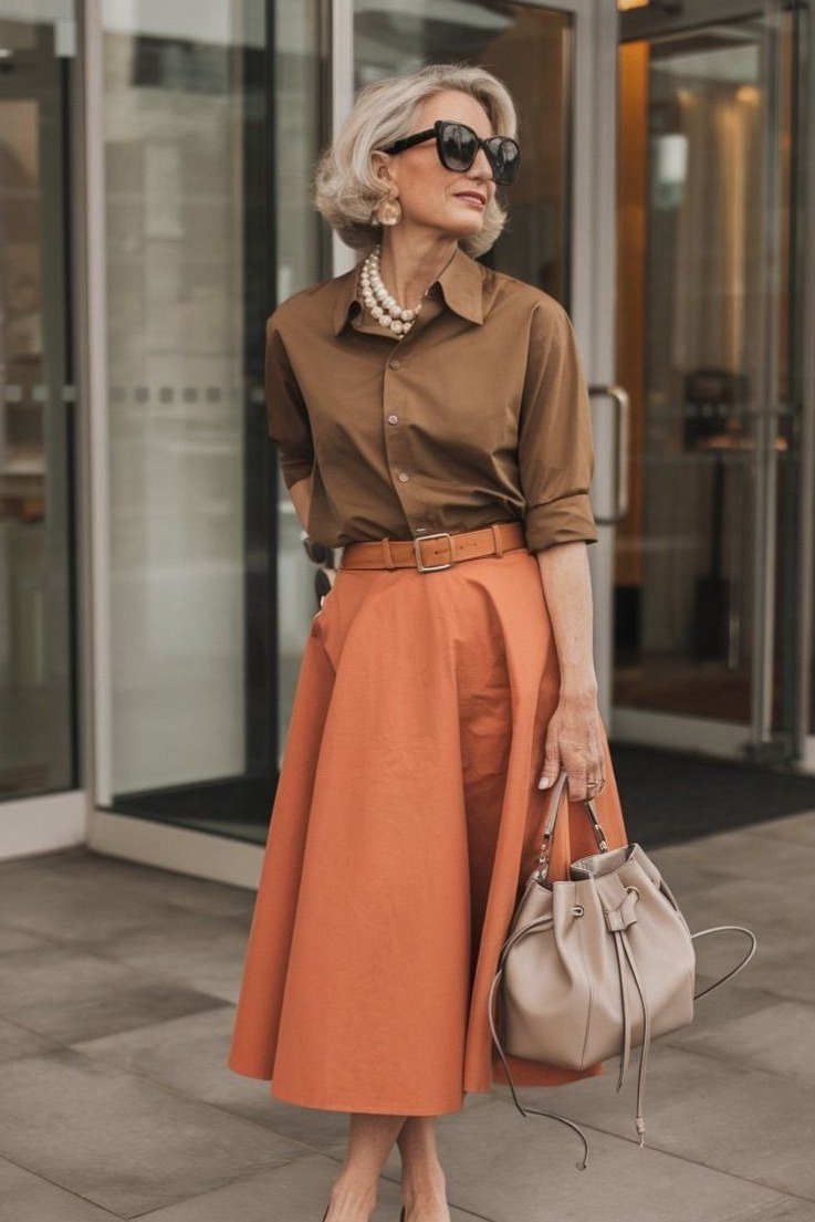 camel blouse with burnt orange midi skirt, classy autumn outfit for women over 50