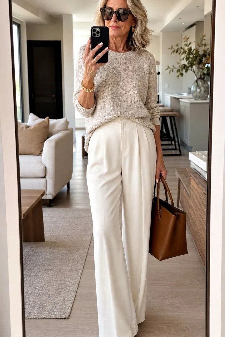 taupe knit cream wide leg trousers women over 50