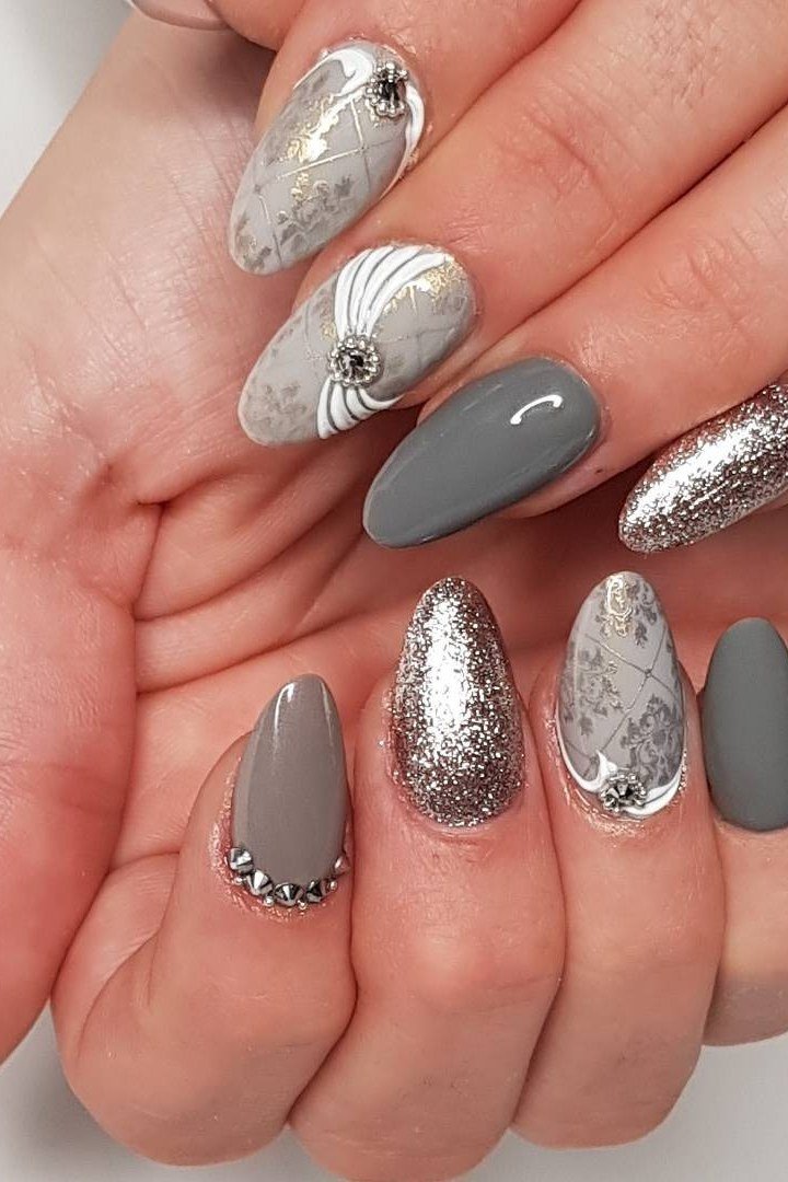 grey and silver glitter mix, almond
