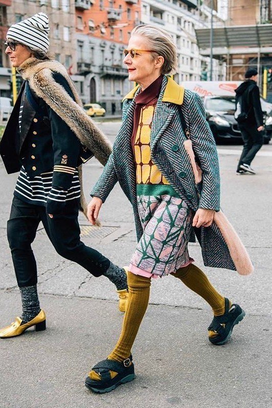 Elegant fall outfit for women over 70: street style pair in tweed and stripes