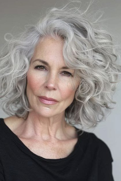 Voluminous silver curly bob for older women
