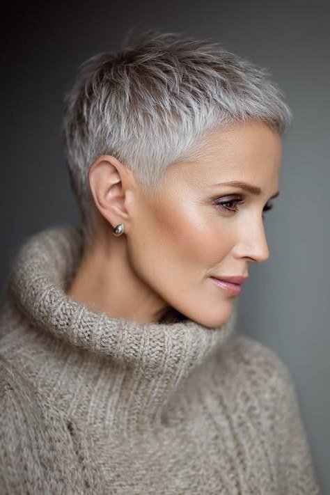 Close-cropped silver pixie, profile view, turtleneck, micro pixie cut for women over 60 going silver
