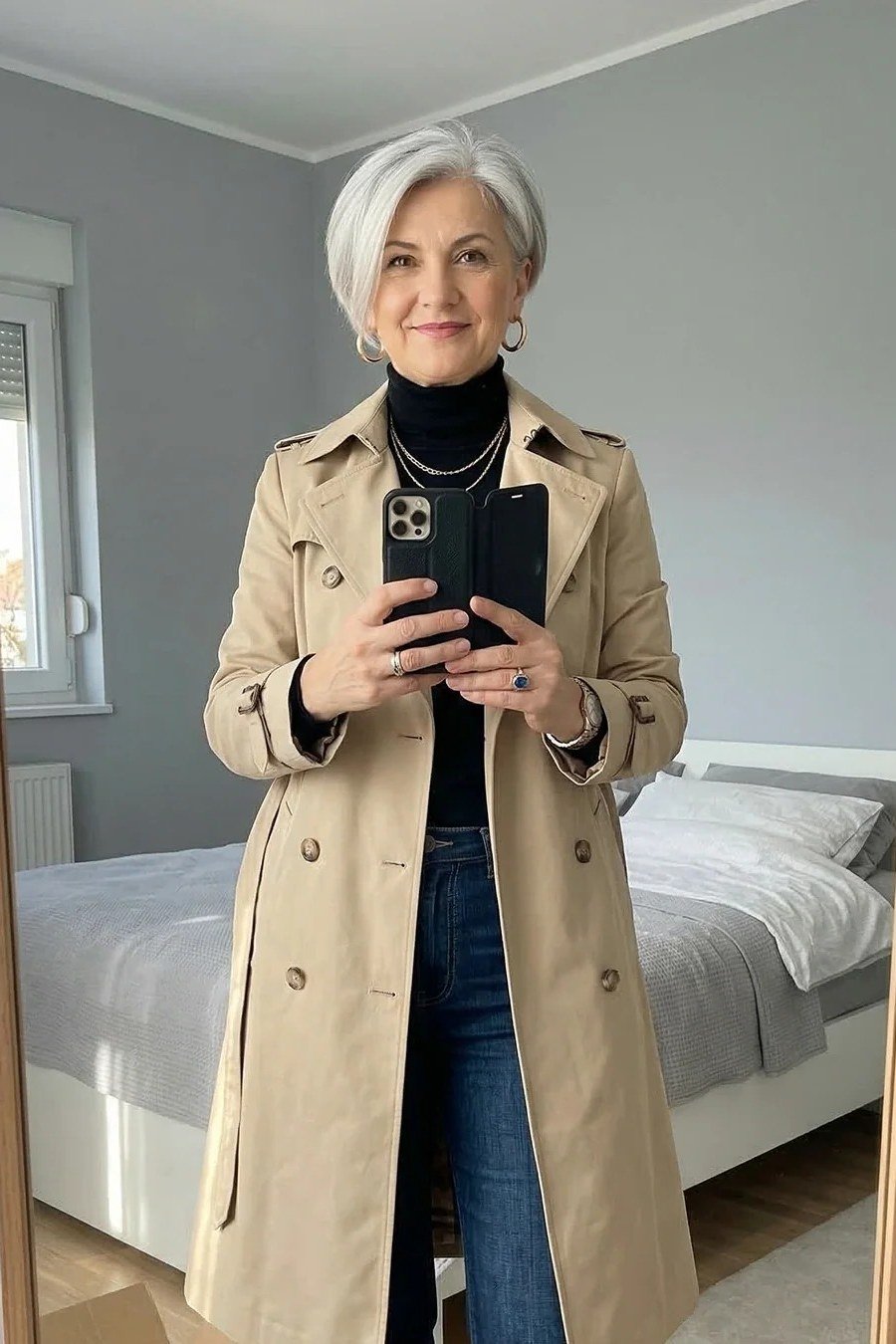 Trench Coat Mirror Selfie with Turtleneck - fall outfit idea for women over 50