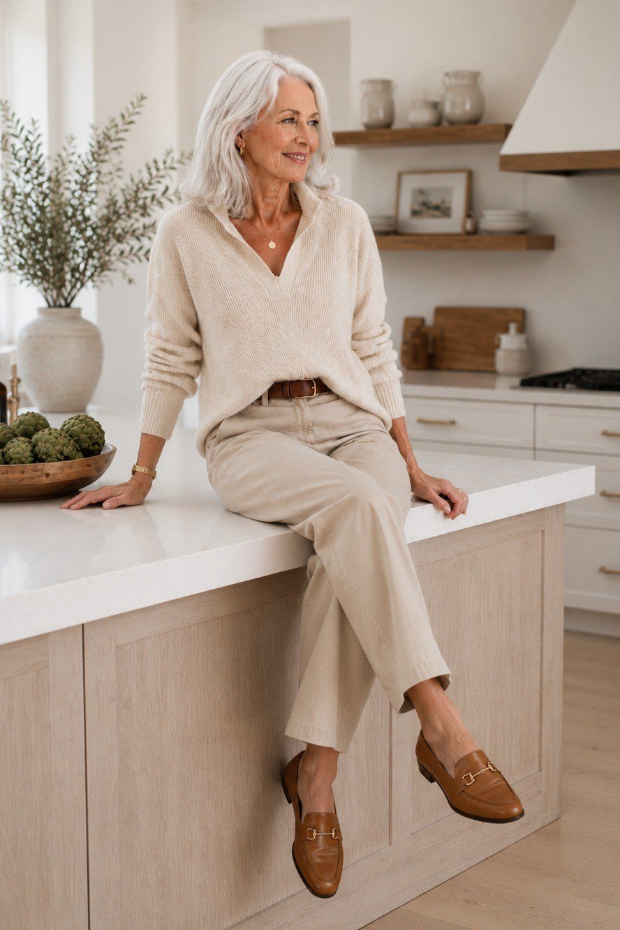 Cream cashmere-look sweater with beige trousers seated at kitchen island, cozy sweater outfit idea for women over 70