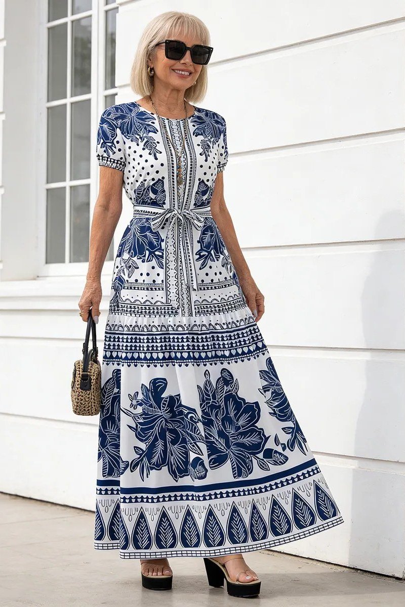 Blue and White Folk Print Maxi summer outfit idea for women over 60
