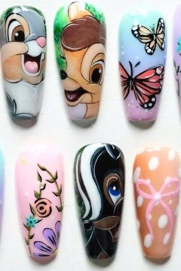 Pastel press-on nail set with Bambi butterfly and floral art on blue and pink
