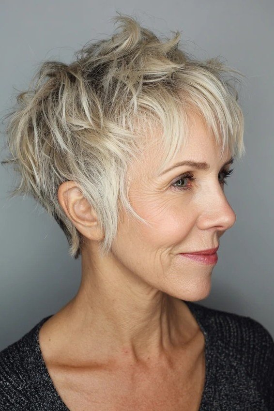 Blonde textured pixie haircut with bangs for women over 60