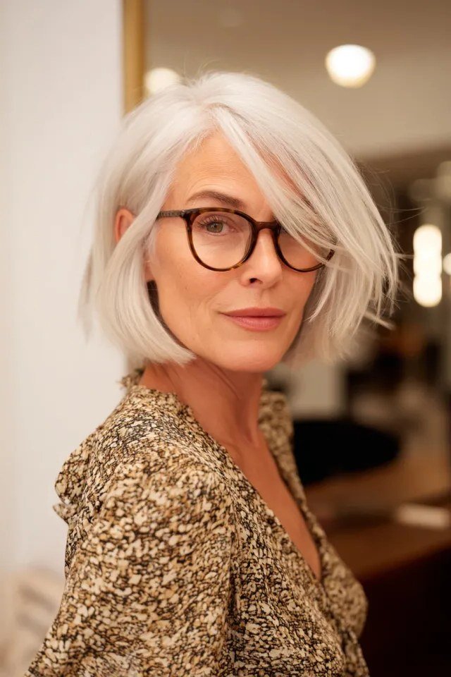 Bright white french bob with full bangs and glasses