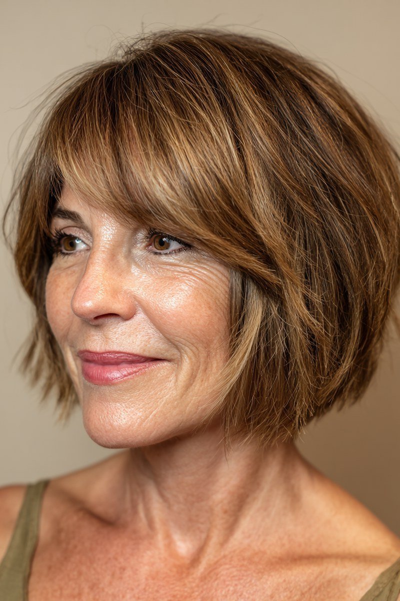 Chestnut layered bob with side-swept bangs, three-quarter view, layered bob haircut for women over 50
