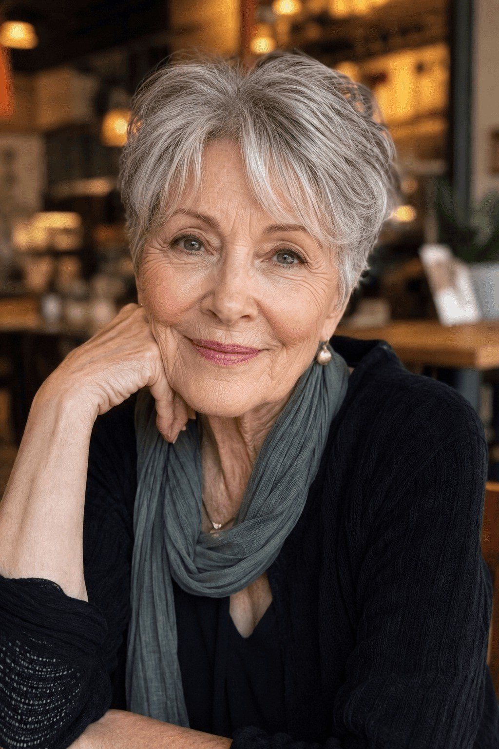 Short silver pixie haircut with glasses for older women