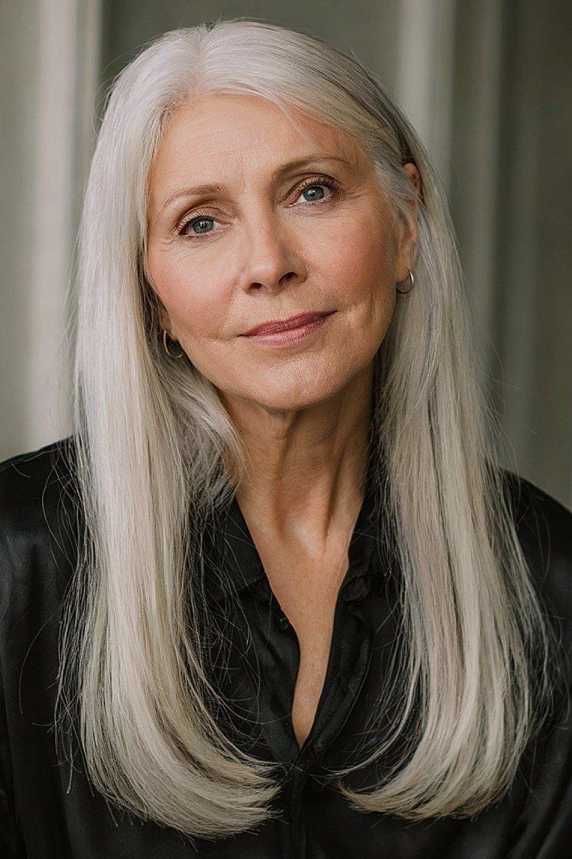 white long straight hairstyle, center part, front view for women over 50