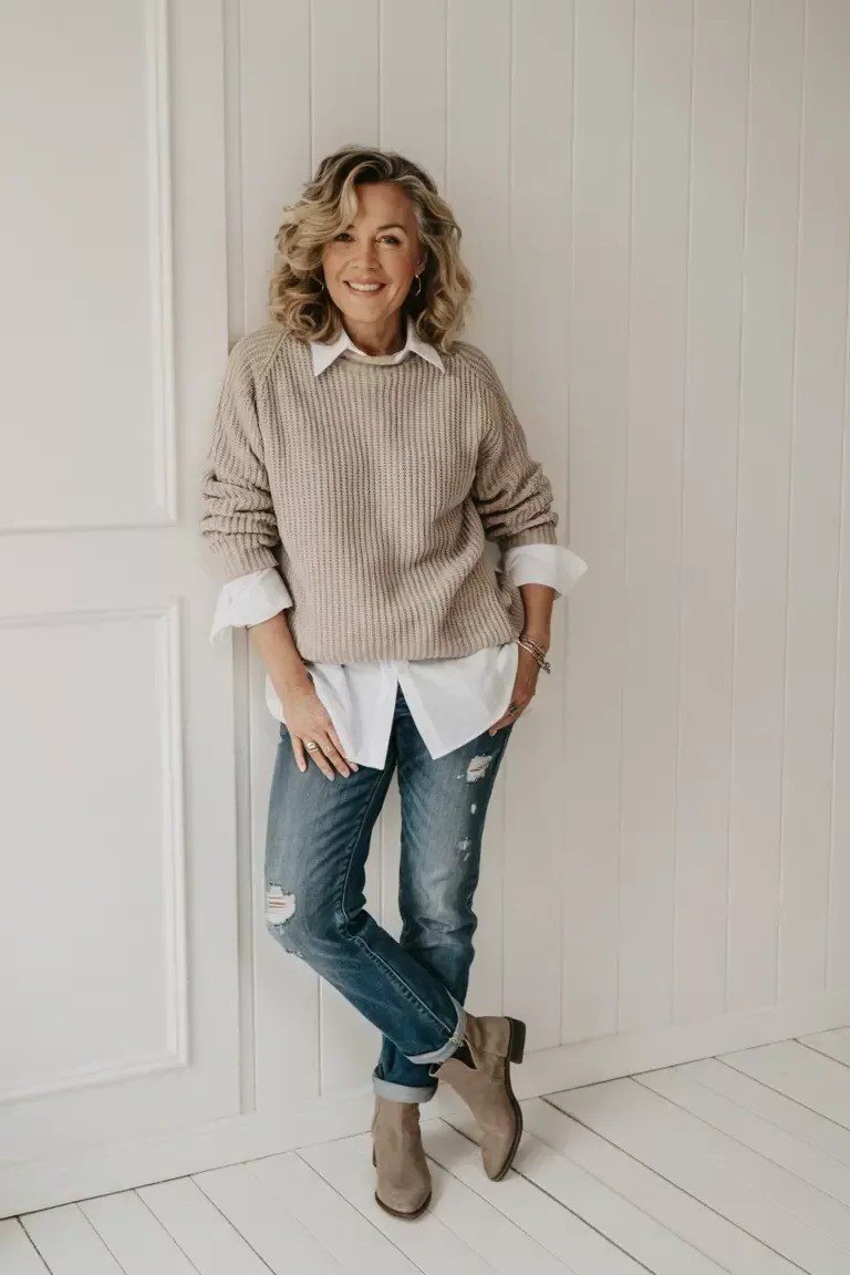 beige knit sweater white shirt jeans fall outfit women over 50