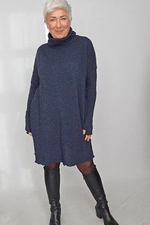 slate blue turtleneck sweater dress with black knee boots for women over 60