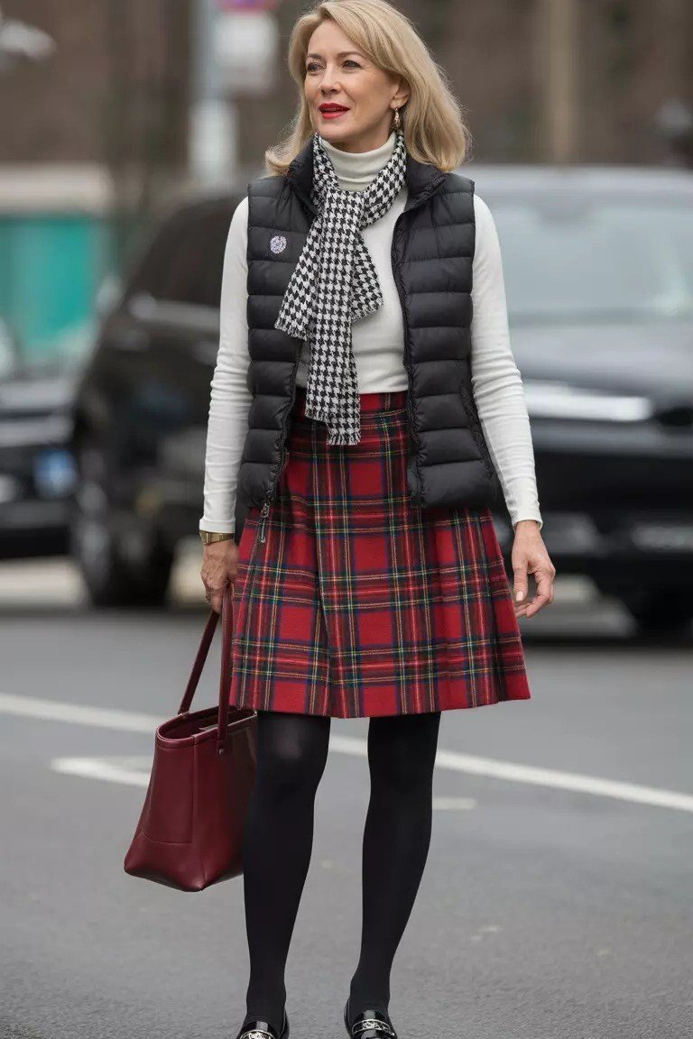 Black quilted vest with red plaid skirt fall outfit idea for women over 60