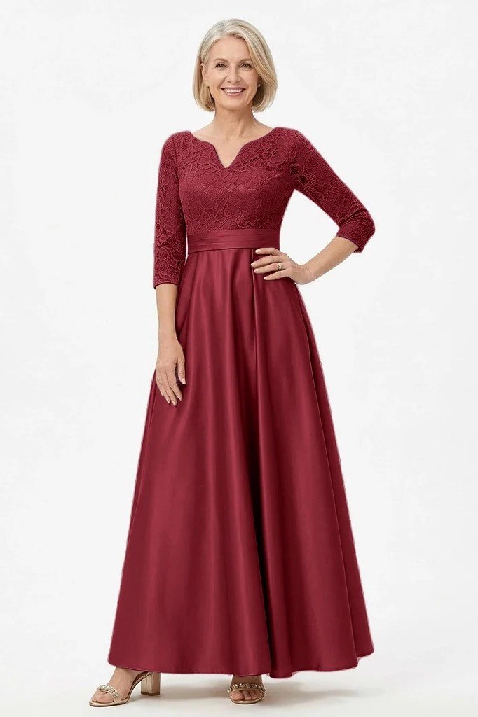 Wine-red satin A-line gown with clutch for women over 50, fall date night outfit