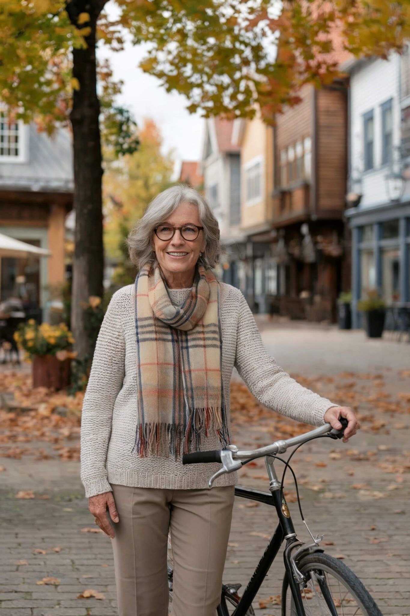 Casual fall outfit for women over 60: navy cable knit sweater, dark jeans, brown boots