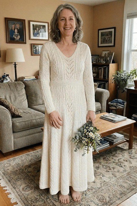 cream cable knit maxi with flowers for women over 60
