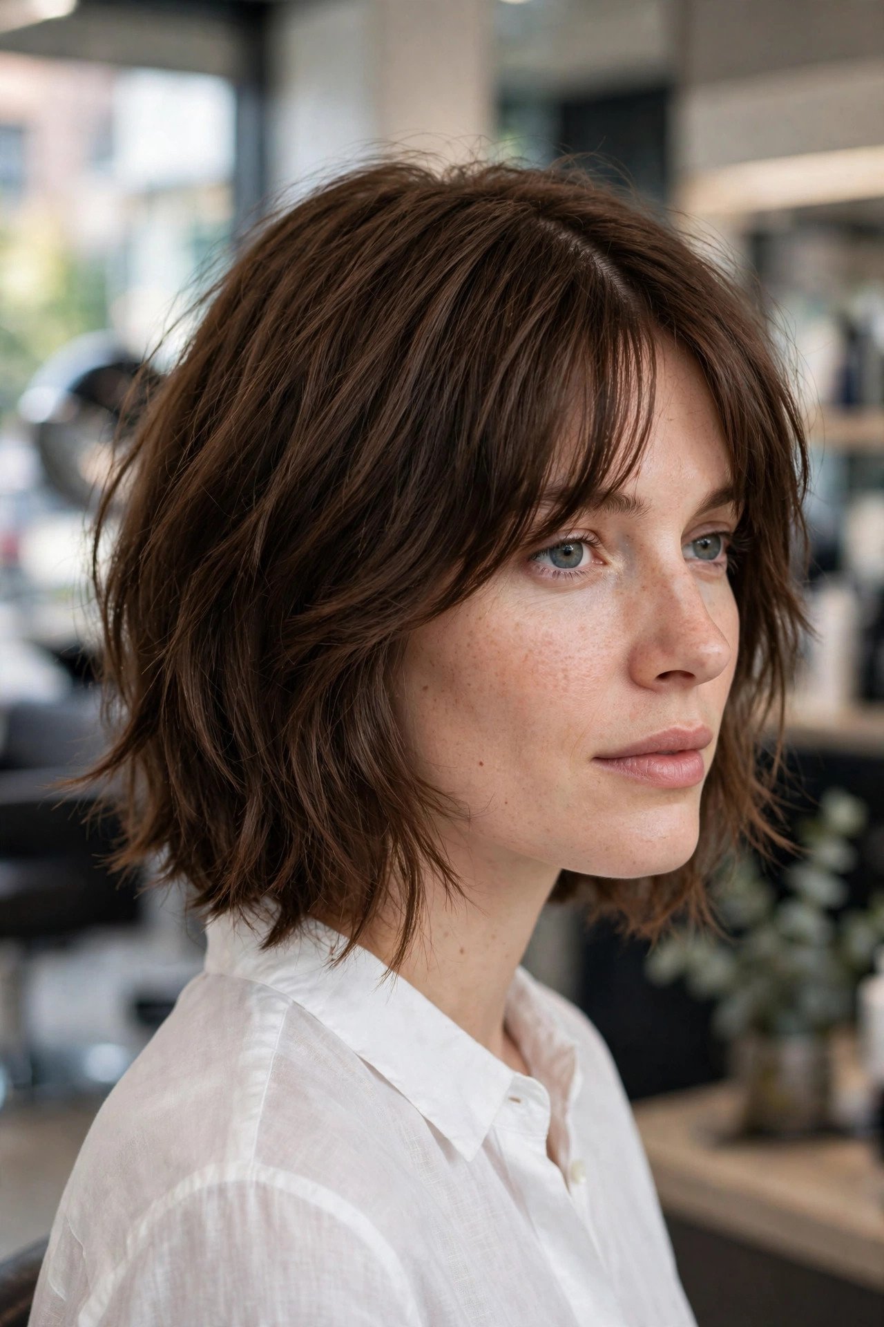 Shaggy bob with curtain bangs for thin fine hair