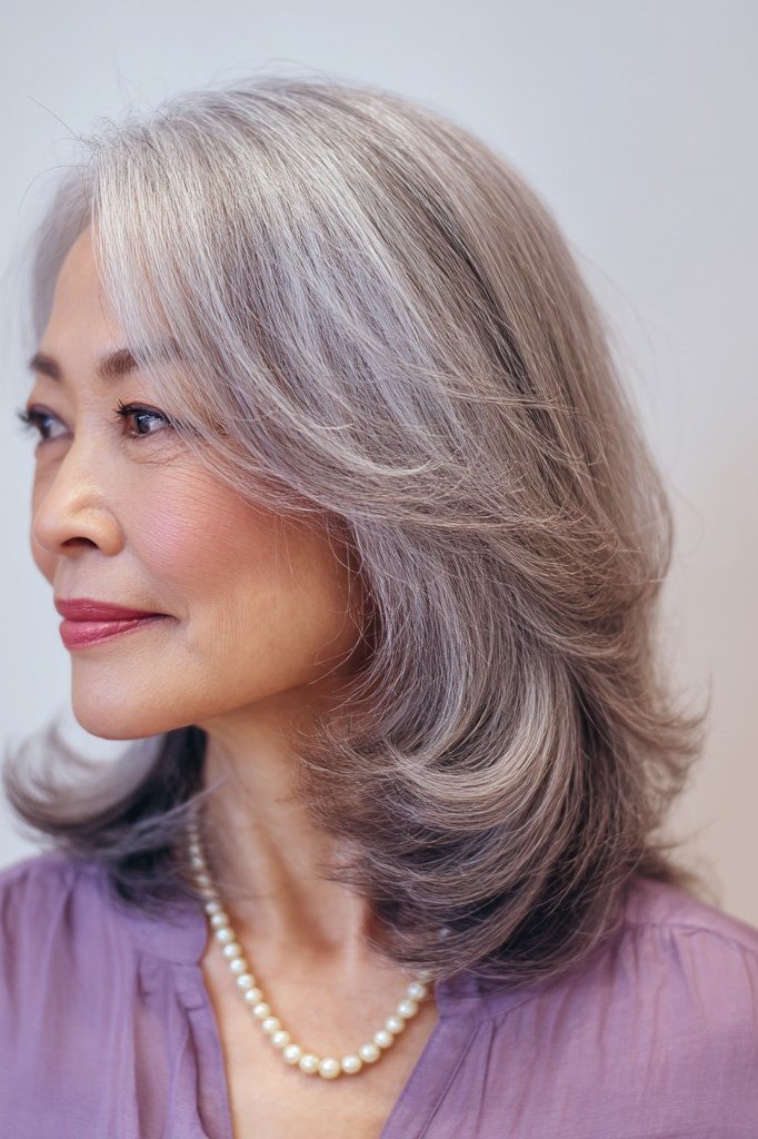 Polished Grey Shoulder-Length Layers, layered hairstyle for women over 70