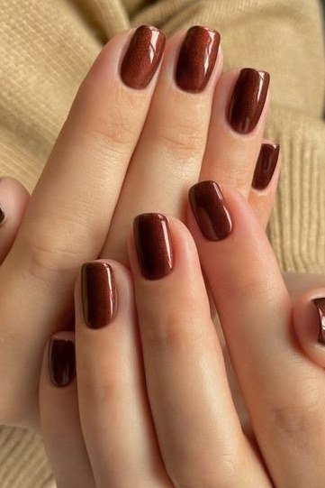 Rich chocolate brown solid, almond shape, medium-long length, glossy, fall nail color for women over 40